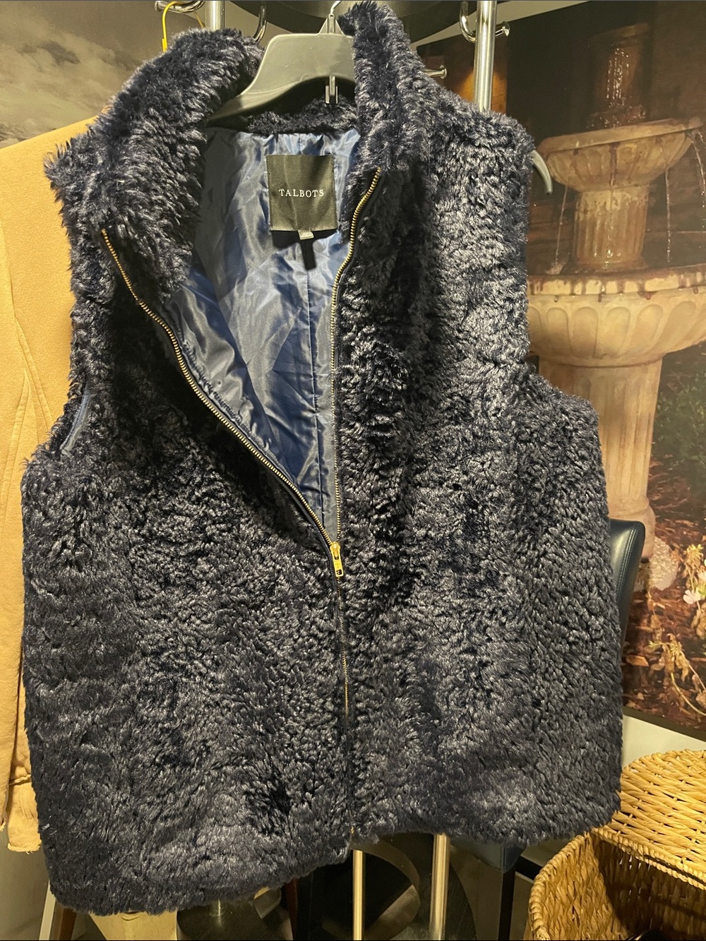 Talbots Dark Navy Plush Faux Fur Zip Vest
